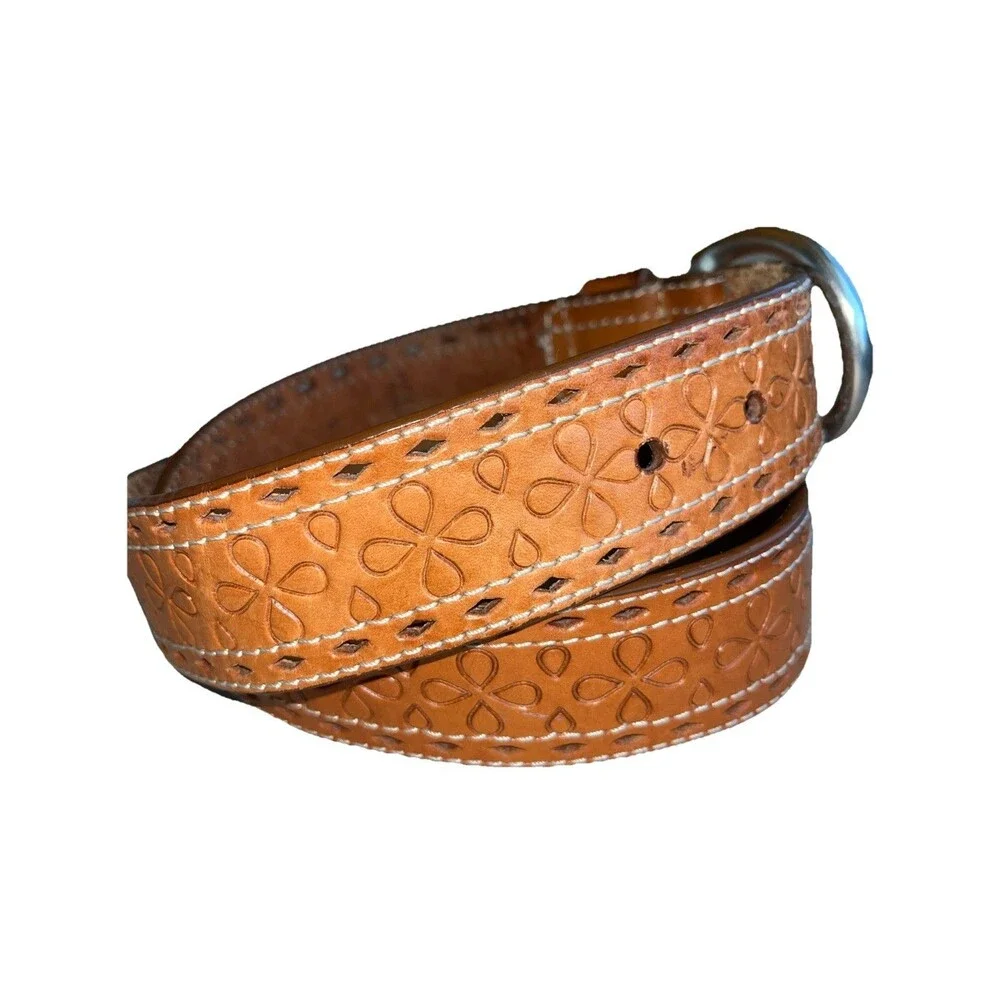 Lauren Ralph Lauren Tooled Brown Leather Belt Flower Pattern Women SZ‎ L 9101304